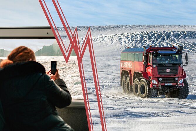 Red Glacier Monster Truck on Langjokull Glacier from Gulfoss - Hot chocolate, kleinur, and glacier water